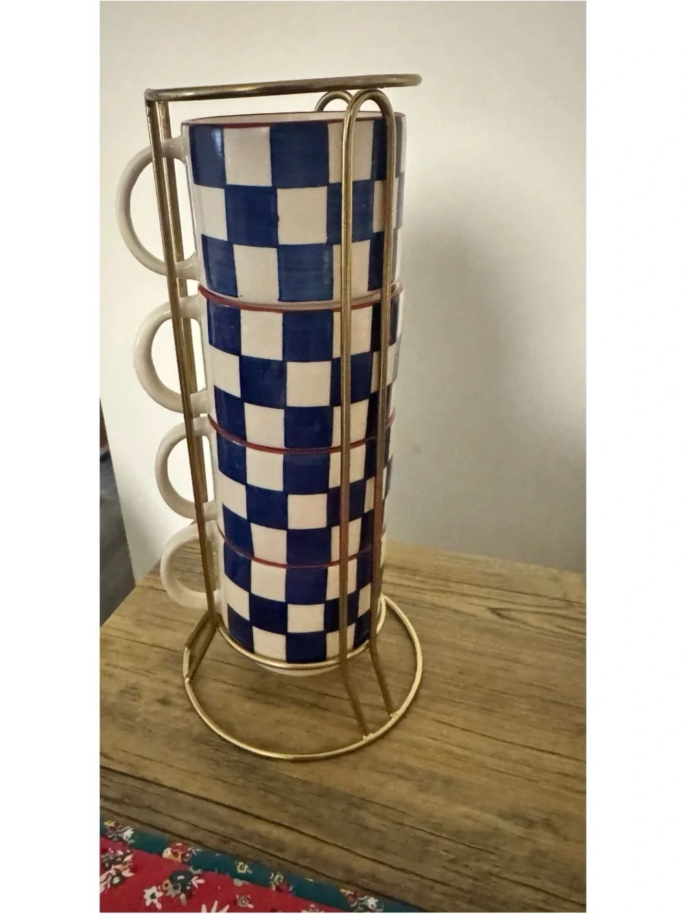 Homegoods Blue Checkered Mug Set with Gold Stand